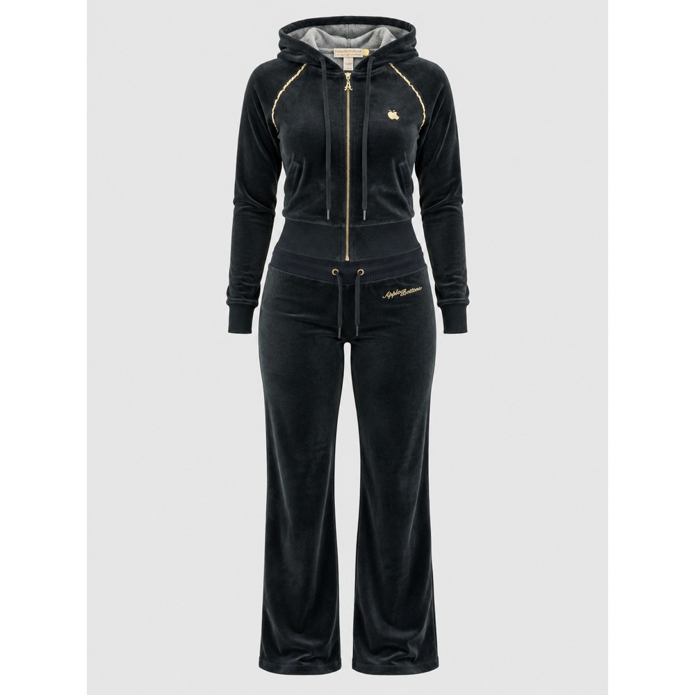 Vintage Apple Bottoms Velour Tracksuit Set Black Gold Y2K XL Hoodie Pants
